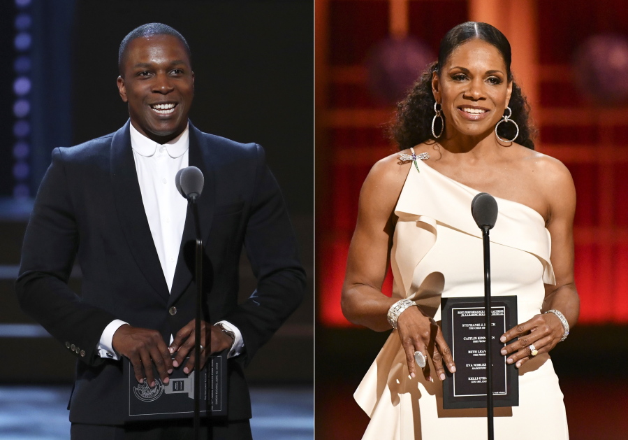 Leslie Odom Jr. presents an award at the 72nd annual Tony Awards in New York on June 10, 2018, left, and Audra McDonald presents an award at the 73rd annual Tony Awards in New York on June 9, 2019. Producers of the Tony Awards telecast announced Monday that McDonald will host the award ceremony on Sept. 26, followed by a two-hour celebration of Broadway's return, hosted by Odom. The bulk of the Tonys will only be accessible to Paramount+ customers while Odom's special, which will award the three top awards: best play, best play revival and best musical, will air on CBS.