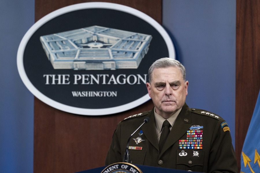 FILE - In this Aug. 18, 2021 photo, Joint Chiefs Chairman Gen. Mark Milley pauses while speaking during a media briefing at the Pentagon in Washington.