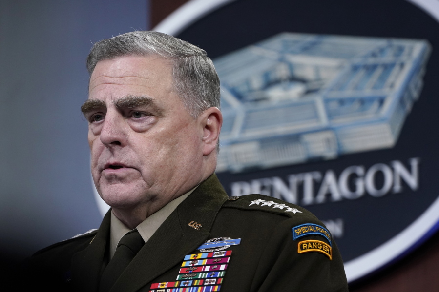 FILE - In this May 6, 2021 file photo, Chairman of the Joint Chiefs of Staff Gen. Mark Milley speaks during a briefing at the Pentagon in Washington.