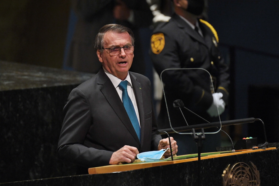 Brazil's President Jair Bolsonaro addresses the 76th Session of the U.N. General Assembly, Tuesday, Sept. 21, 2021, at United Nations headquarters in New York. (Timothy A.