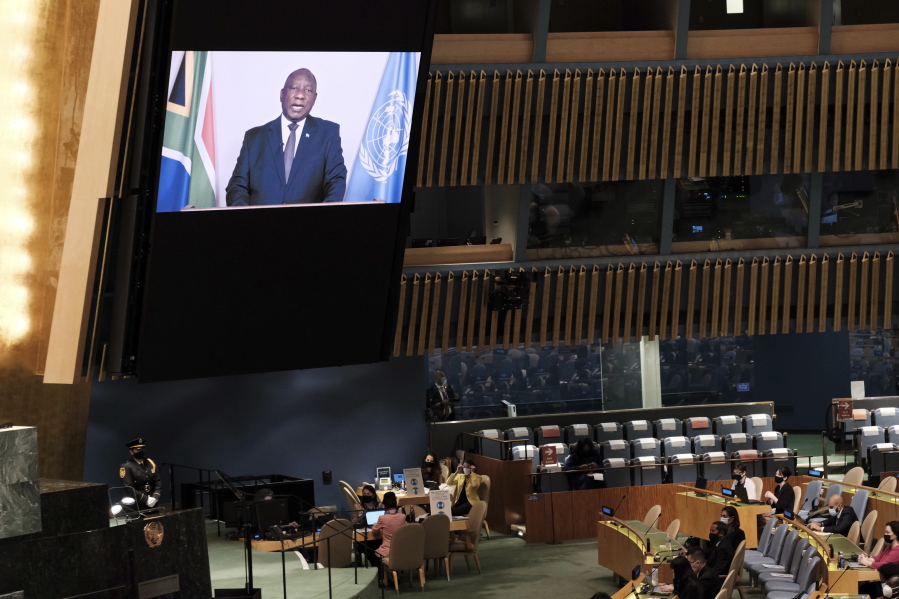 President of South Africa Cyril Ramaphosa speaks via video link during the 76th Session of the U.N. General Assembly at United Nations headquarters in New York, on Thursday, Sept. 23, 2021.