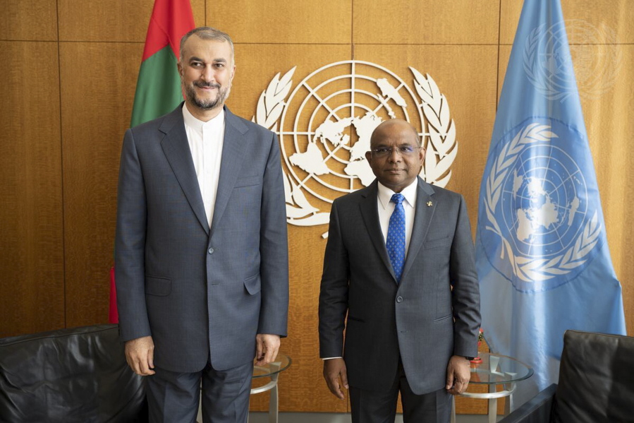 In this photo provided by the United Nations, United Nations General Assembly President Abdulla Shahid of Maldives, right, meets with Iran's Foreign Minister Hossein Amir Abdollahian, during 76th session of the United Nations General Assembly, Thursday, Sept. 23, 2021, at UN headquarters.