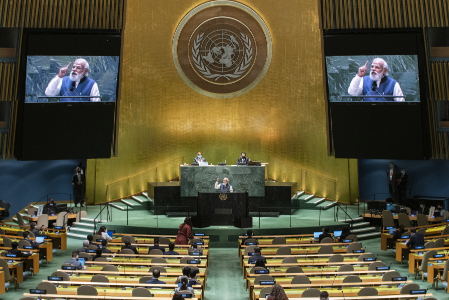 India's Prime Minister Narendra Modi addresses the 76th Session of the U.N. General Assembly at United Nations headquarters in New York, on Saturday, Sept. 25, 2021.