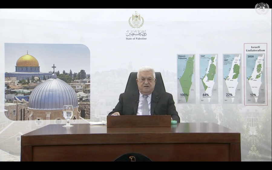 In this photo taken from video, Palestinian President Mahmoud Abbas remotely addresses the 76th session of the United Nations General Assembly in a pre-recorded message, Friday, Sept. 24, 2021, at UN headquarters.