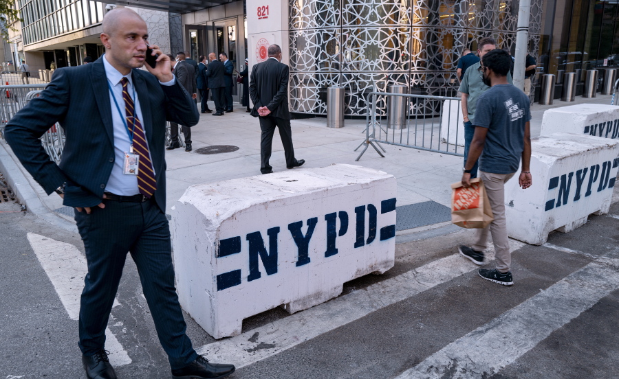 Police barricades rest in front of the Permanent Mission of Turkey across 1st Avenue from the United Nations headquarters Sunday, Sept. 19, 2021, in New York. The 76th Session of the U.N. General Assembly begins this week.