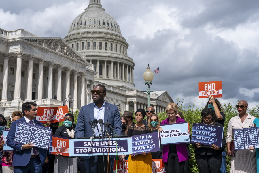Rep. Mondaire Jones, D-N.Y., joins progressive lawmakers to advocate for reimposing a nationwide eviction moratorium that lapsed last month, at the Capitol in Washington, Tuesday, Sept. 21, 2021. (AP Photo/J.