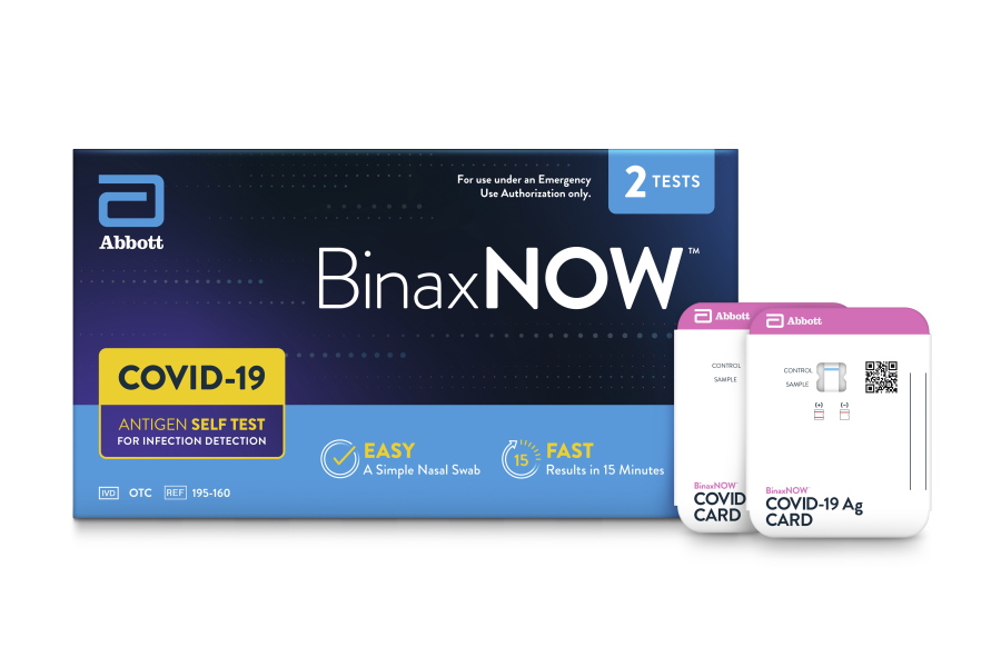 This image provided by Abbot in September 2021 shows packaging for their BinaxNOW self test for COVID-19. President Joe Biden is betting on millions more rapid, at-home tests to help curb the latest deadly wave of the COVID-19 pandemic, which is overloading hospitals and threatening to shutter classrooms around the country. But the tests have already disappeared from pharmacy shelves in many parts of the U.S., and manufacturers warn it will take them weeks to ramp up production, which was slashed after demand for the tests plummeted over the summer of 2021.