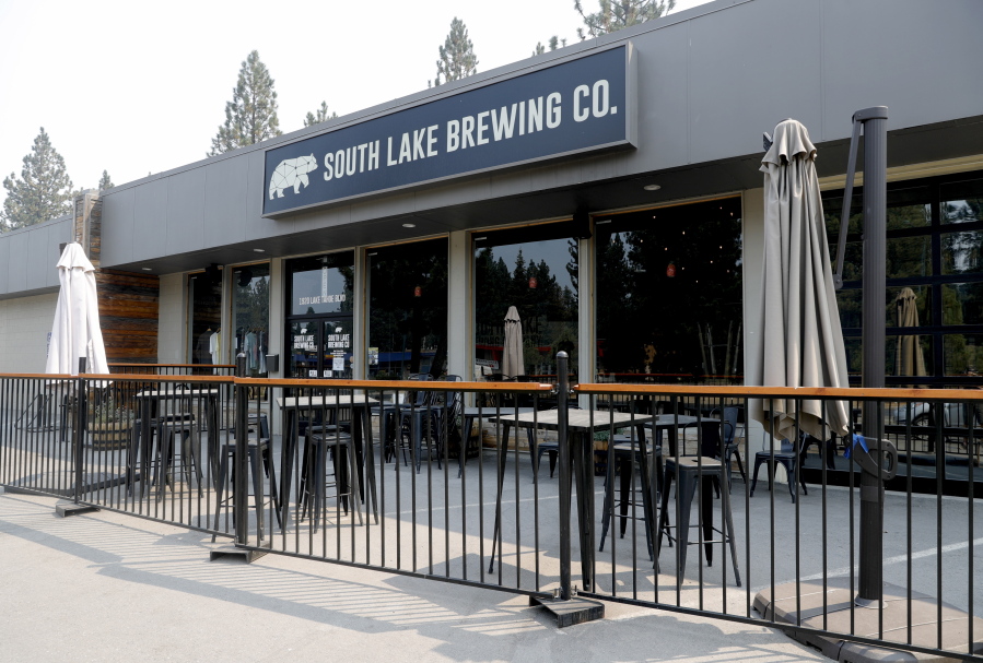 The South Lake Brewing Company is seen in South Lake Tahoe, Calif., Monday, Sept. 6, 2021. Residents who evacuated due to the Caldor Fire returned the day before and the brewery remains closed.