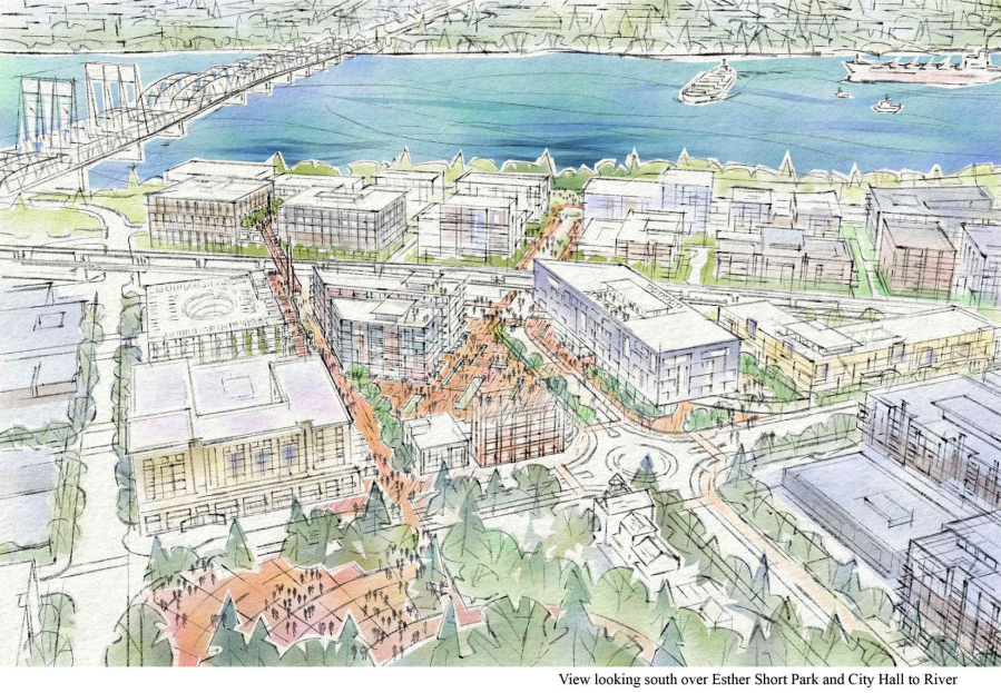 Conceptual renderings, which could change, of the Waterfront Gateway area next to City Hall show multifamily housing, a multistory parking garage and a skybridge over the railroad to Vancouver waterfront.