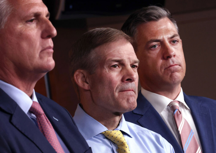 From left to right: House Minority Leader Kevin McCarthy (R-CA), Rep. Jim Banks (R-IN) and Rep. Jim Jordan (R-OH) attend a news conference on House Speaker Nancy Pelosi???s decision to reject two of Leader McCarthy???s selected members from serving on the committee investigating the January 6th riots on July 21, 2021 in Washington, DC.