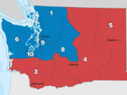 Washington state's current 10 congressional districts, shown here. Districts now held by Democrats are shown in blue; those held by Republicans are shown in red. The state redistricting commission is also redrawing the boundaries of 49 legislative districts.