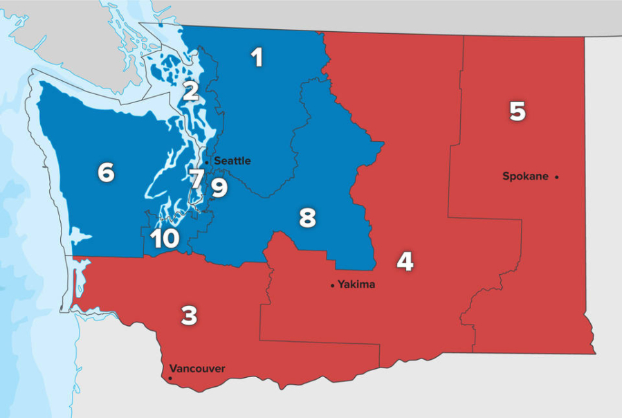 Washington state's current 10 congressional districts, shown here. Districts now held by Democrats are shown in blue; those held by Republicans are shown in red. The state redistricting commission is also redrawing the boundaries of 49 legislative districts.
