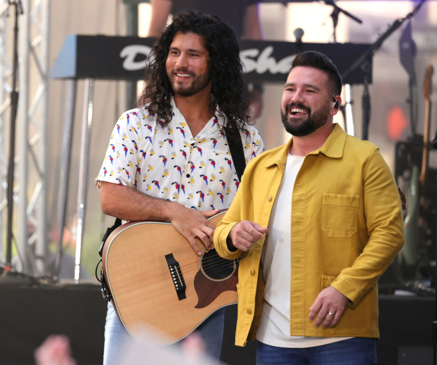Dan Smyers and Shay Mooney of Dan + Shay perform On "Today" Show at Rockefeller Plaza on July 16, 2021 in New York City.