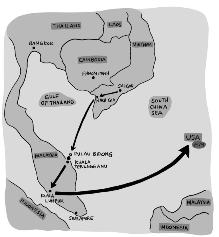 This map from Tim Tran's book "American Dreamer" shows his final escape route out of Vietnam: across the pirate-infested Gulf of Thailand to Malaysia.