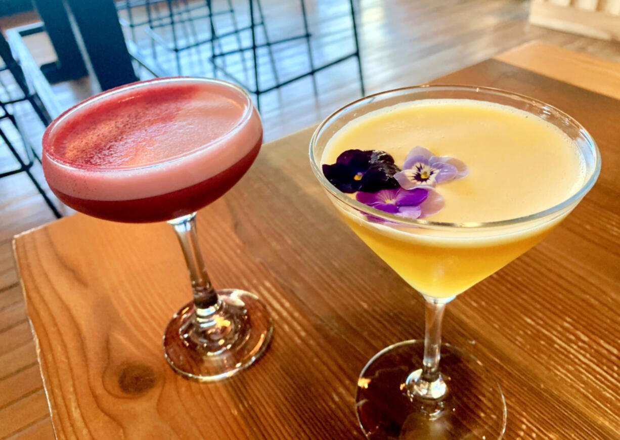 Saap's His & Hers with pisco, yazu liqueur and raspberry syrup; Dolce Passione with vodka, Cava, passionfruit, and vanilla.