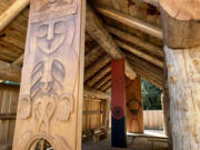 The Gathering Place at Washuxwal pavilion at the Two Rivers Heritage Museum. The open pavilion design is inspired by traditional cedar plankhouses used by local tribes living along the shores of the Columbia River. It features Native-inspired wood carvings created by Adam McIsaac, project lead carver and adviser for the pavilion artwork, a respected expert in Native American art.