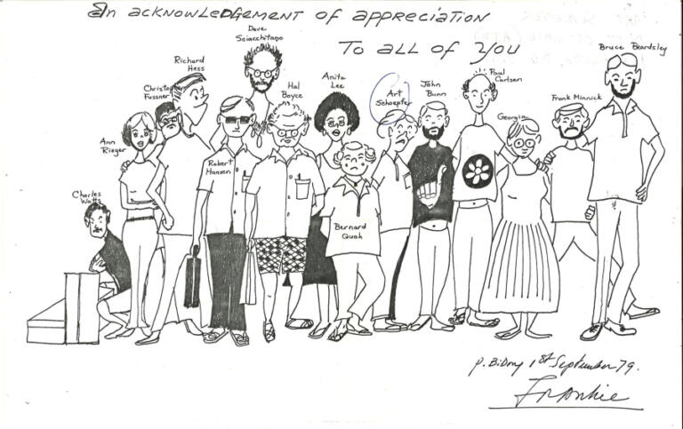 This keepsake sketch shows the team of Americans stationed in Malaysia who worked to interview and admit Vietnamese refugees to the U.S. in 1979. A refugee himself, Tim Tran became a valuable member of the team as a translator.