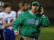 Mountain View head football coach Adam Mathieson yells toward the sideline Friday, Oct. 15, 2021, during the Thunder’s 17-14 win against Prairie at Battle Ground High School.
