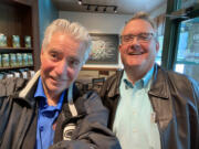 Columbian editor emeritus Lou Brancaccio, left, and Editor Craig Brown pose for a selfie at a Vancouver coffee shop.