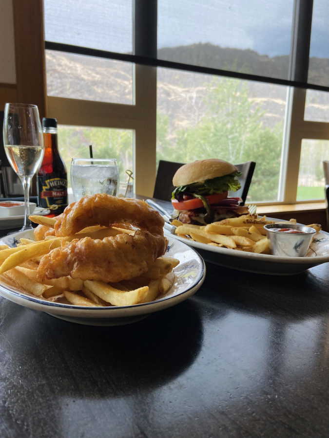 The crispy Alaskan ling cod fish and chips and the grilled S.F.R. American wagyu beef burger at the Canyon River Grill in Ellensburg.