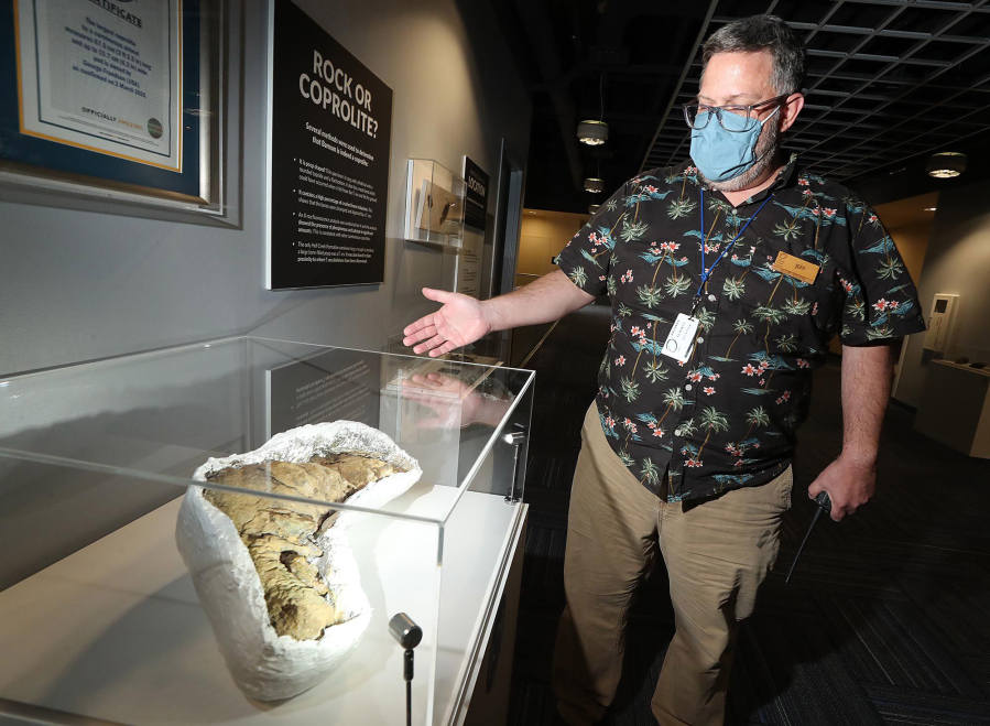 Jeff Stanford at an exhibit of coprolite (fossilized dinosaur droppings) at the Orlando Science Center on Oct. 12, 2021. The center currently has on display more than a dozen poop specimens, including the Guinness World Record holder of the largest fossilized excrement from a carnivore ever found. Just one example of unusual items that have insurance policies to protect them. (Stephen M.