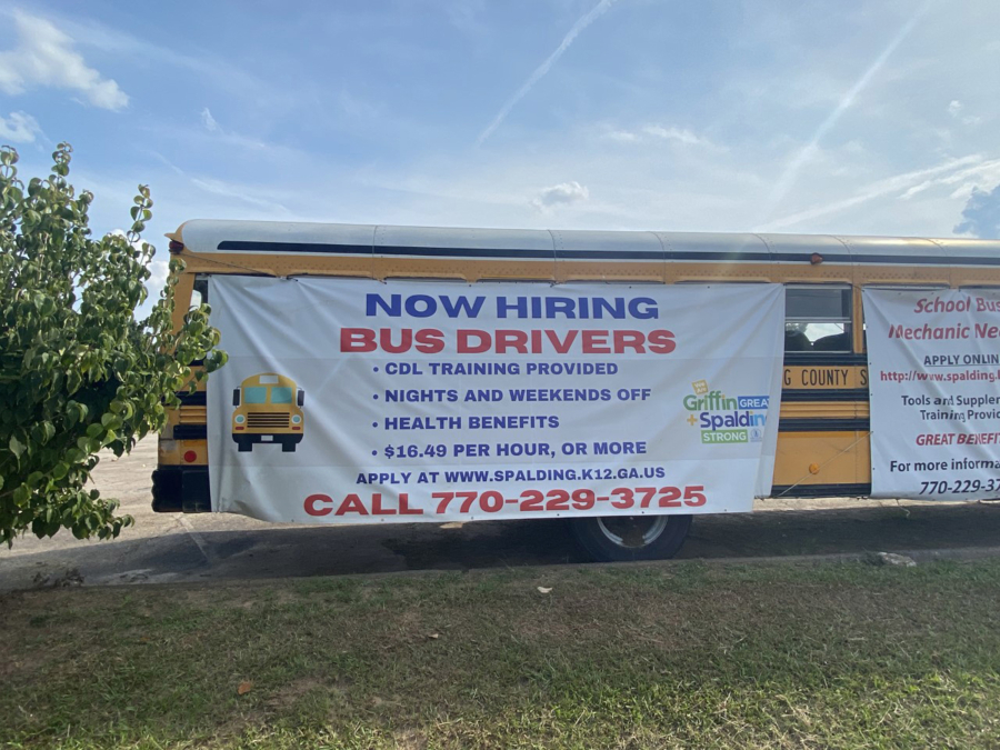 Even when precautions are taken, the fears surrounding COVID-19 have worsened a nationwide shortage of school bus drivers. This bus was parked along a highway in Griffin, Georgia.