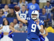 Indianapolis Colts quarterback Jacob Eason (9) throws during the second half of an NFL football game against the Los Angeles Rams, Sunday, Sept. 19, 2021, in Indianapolis.
