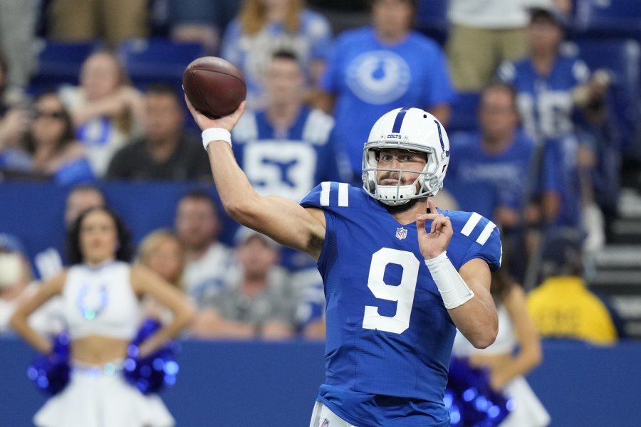 Indianapolis Colts quarterback Jacob Eason (9) throws during the second half of an NFL football game against the Los Angeles Rams, Sunday, Sept. 19, 2021, in Indianapolis.