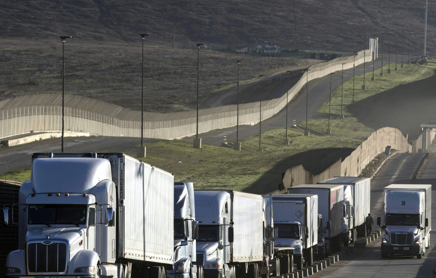 Trucks line up to cross the border with the United States at Otay Mesa Commercial Port of Entry in Tijuana, Mexico on Jan. 22, 2018.