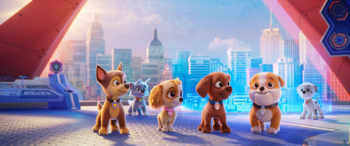 From left: Chase (voiced by Iain Armitage), Rocky (Callum Shoniker), Skye (Lilly Bartlam), Zuma (Shayle Simons), Rubble (Keegan Hedley) and Marshall (Kingsley Marshall) go from Nickelodeon to film in "Paw Patrol: The Movie." (Spin Master)