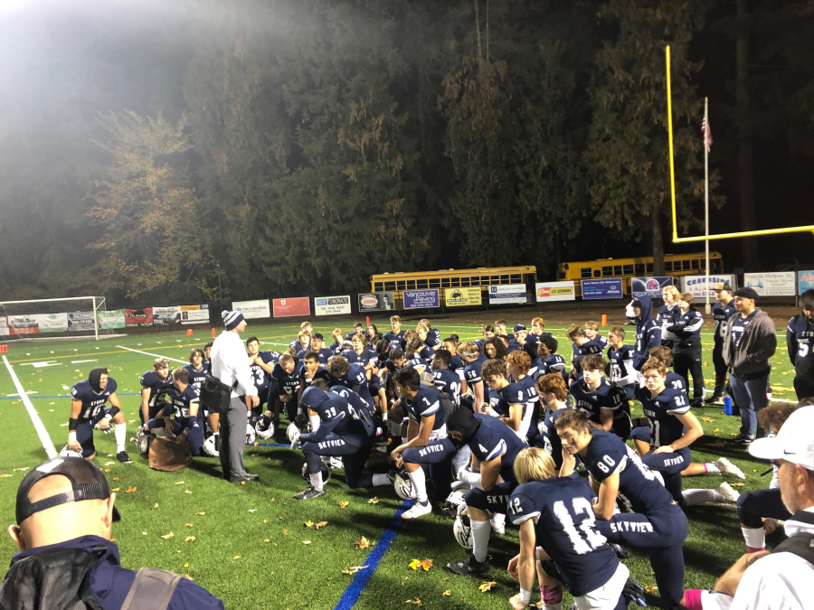 The Skyview football team gathers after its 58-0 win over Adrienne Nelson on Friday at Kiggins Bowl.
