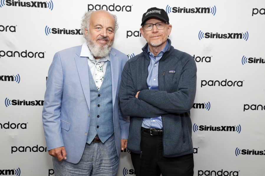Clint Howard, left, and Ron Howard visit SiriusXM's New York headquarters Oct. 11 for a special "Unmasked" with SiriusXM host Ron Bennington in New York City.