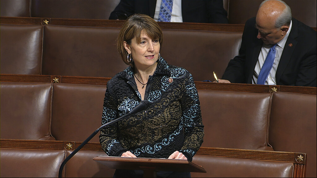 In this image from video, Rep. Cathy McMorris Rodgers, R-Wash., speaks on the floor of the House of Representatives at the U.S. Capitol in Washington, Thursday, April 23, 2020.