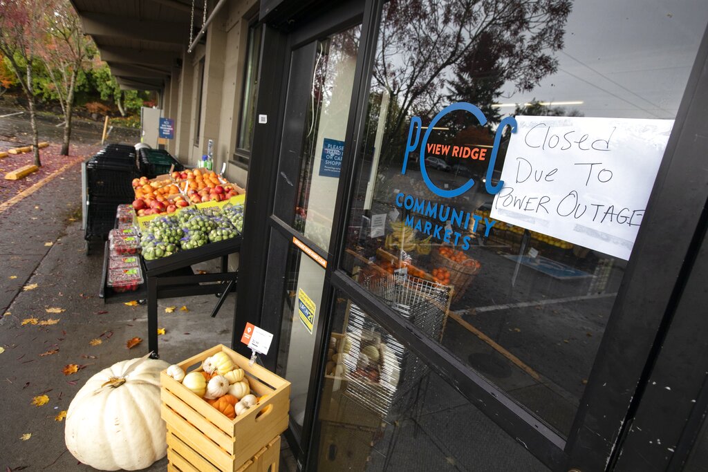 View Ridge PCC Community Markets grocery store is closed due to a power outage in northeast Seattle, Sunday, Oct. 24, 2021, after storms moved through the area.
