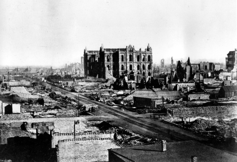 This general view shows the Chicago Courthouse and downtown area in the aftermath of the fire in Chicago, Ill., 1871. The Associated Press did not have photographers at the time of the Chicago fire but has since added photos like this one in the public domain to our photo archive.