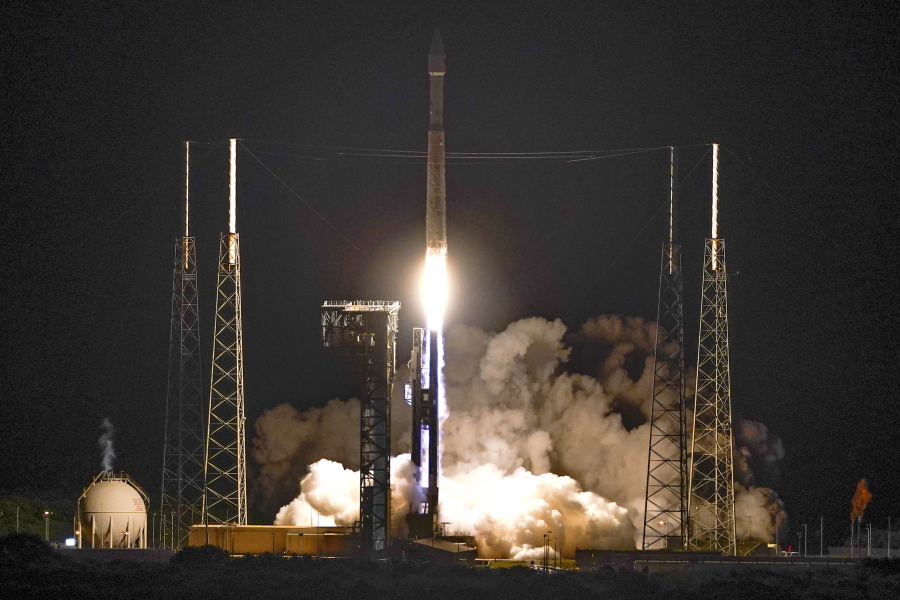 A United Launch Alliance Atlas V rocket carrying the LUCY spacecraft lifts off from Launch Complex 41 at the Cape Canaveral Space Force Station, Saturday, Oct. 16, 2021, in Cape Canaveral, Fla. Lucy, will observe Trojan asteroids, a unique family of asteroids that orbit the sun in front of and behind Jupiter.