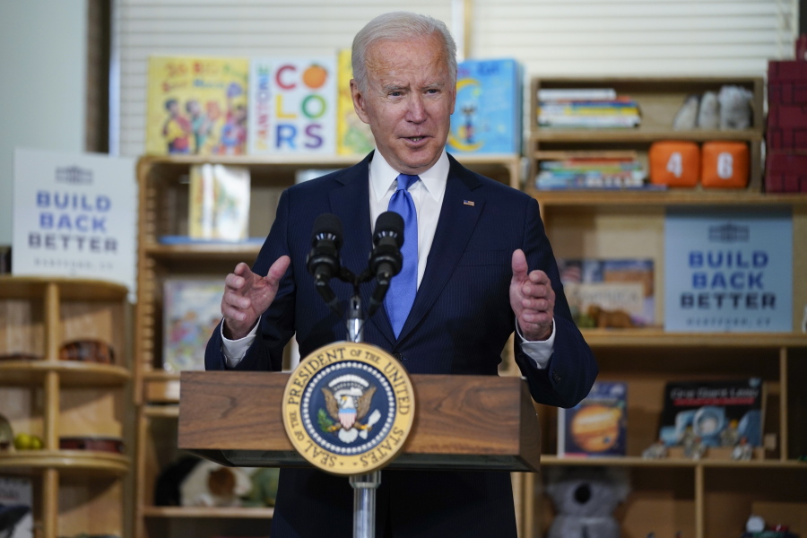 FILE - In this Friday, Oct. 15, 2021, file photo President Joe Biden delivers remarks to promote his "Build Back Better" agenda, at the Capitol Child Development Center in Hartford, Conn.