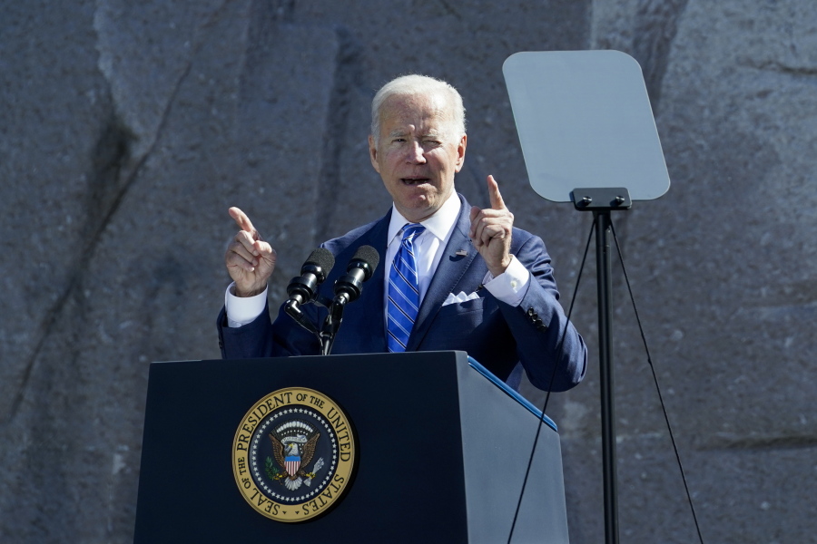 President Joe Biden speaks during an event marking the 10th anniversary of the dedication of the Martin Luther King, Jr. Memorial in Washington, Thursday, Oct. 21, 2021.  The U.S. budget deficit totaled $2.77 trillion for 2021, the second highest on record but an improvement from the all-tine high of $3.13 trillion in 2020. The deficits in both years reflected trillions of dollars in government spending to counter-act the devastating effects of a global pandemic.