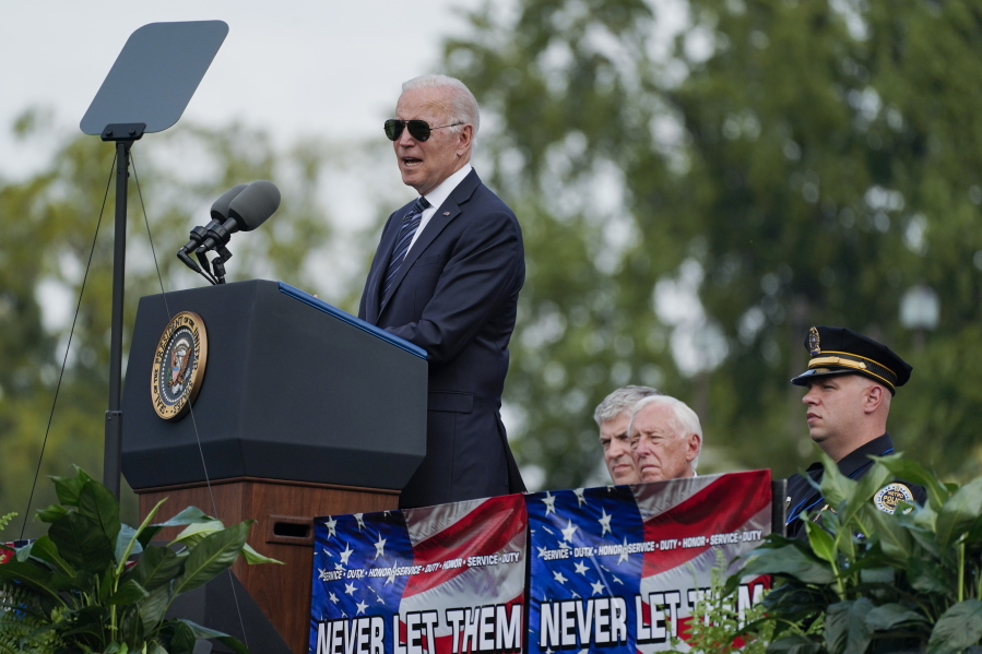 President Joe Biden speaks during a ceremony, honoring fallen law enforcement officers at the 40th annual National Peace Officers' Memorial Service at the U.S. Capitol in Washington, Saturday, Oct. 16, 2021.