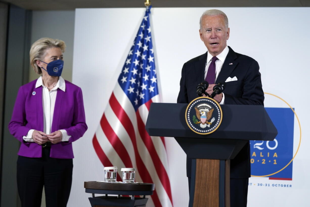 President Joe Biden and European Commission president Ursula von der Leyen talk to reporters about pausing the trade war over steel and aluminum tariffs during the G20 leaders summit, Sunday, Oct. 31, 2021, in Rome.