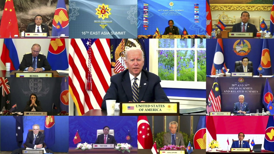 In this image released by Brunei ASEAN Summit, United States President Joe Biden speaks in the virtual meetingof ASEAN - East Asia Summit on the sidelines of the Association of Southeast Asian Nations (ASEAN) summit with the leaders, Wednesday, Oct. 27, 2021.