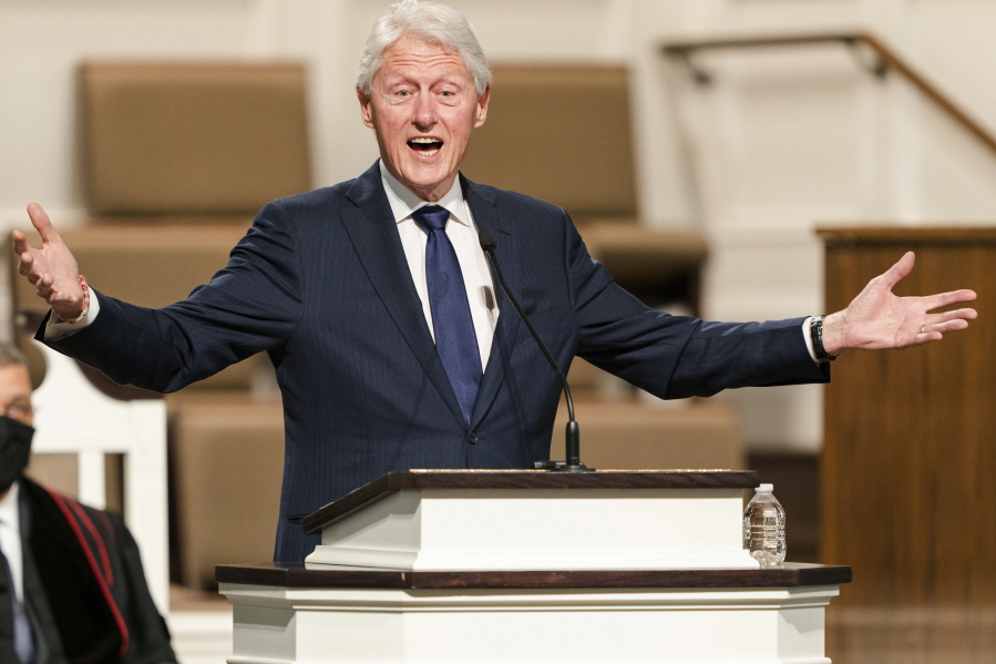 FILE - In this Jan. 27, 2021, file photo, former President Bill Clinton speaks during funeral services for Henry "Hank" Aaron, at Friendship Baptist Church in Atlanta. (Kevin D.