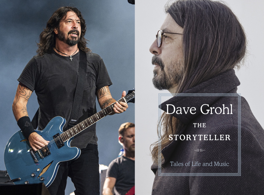 This combination photo shows Dave Grohl of the Foo Fighters performing at Bourbon and Beyond Music Festival in Louisville, Ky., on Sept. 20, 2019, left, and "The Storyteller: Tales of Life and Music, a memoir by Grohl.