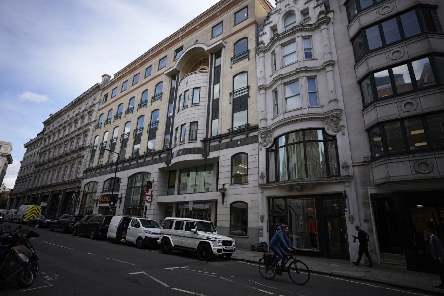 An exterior view of 56-60 Conduit Street in the Mayfair district of London, Monday, Oct. 4, 2021. The property is linked to Azerbaijani President Ilham Aliyev in a new report dubbed the Pandora Papers that sheds light on how world leaders, powerful politicians, billionaires and others have used offshore accounts to shield assets collectively worth trillions of dollars over the past quarter-century.