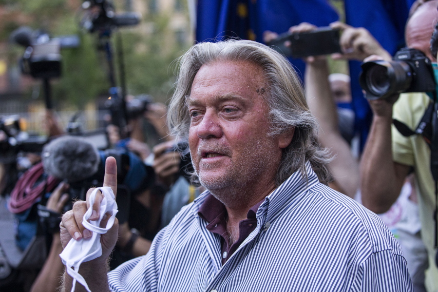 FILE - In this Aug. 20, 2020, file photo, President Donald Trump's former chief strategist Steve Bannon speaks with reporters in New York. A lawyer for Bannon says Bannon won't comply with a congressional investigation into the Jan.