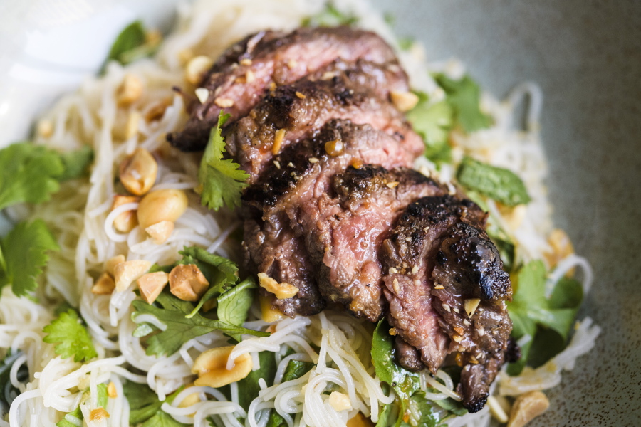 A recipe for ginger beef and rice noodle salad.