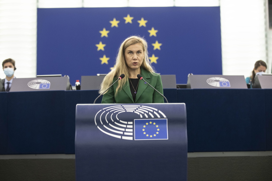 European Commissioner for Energy Kadri Simson delivers her speech about European solutions of the rise of energy prices for businesses and consumers and consumers at the European Parliament in Strasbourg eastern France, Wednesday, Oct. 7, 2021.