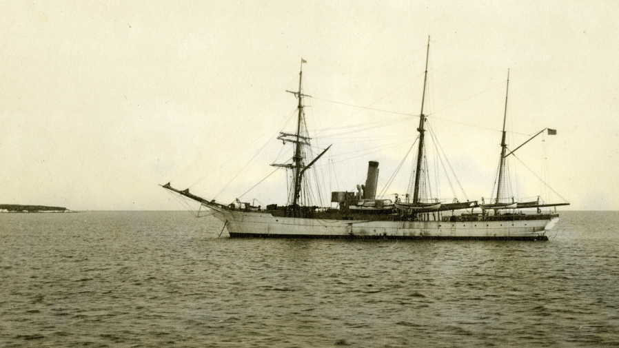 In this July 1908 photograph provided by the U.S. Coast Guard Historian's Office, the U.S. Revenue Cutter Bear sits at anchor while on Bering Sea patrol off Alaska. The wreckage of the storied vessel that served in two World Wars and patrolled frigid Arctic waters for decades, has been found, the Coast Guard said Thursday. (U.S.