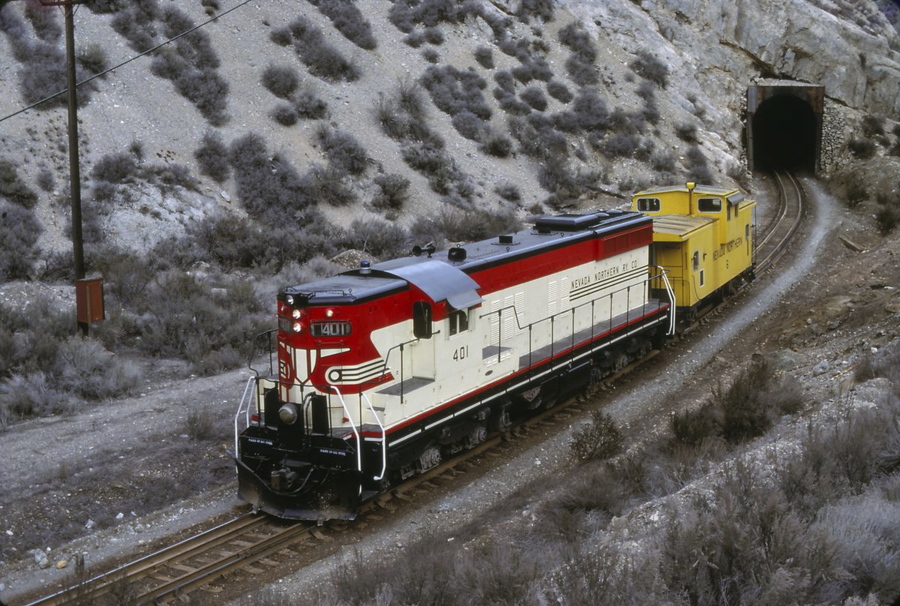 Above, a 1978 photo shows Locomotive 401 just east of the main tunnel on the Nevada Northern Railway west of Ely, Nev.