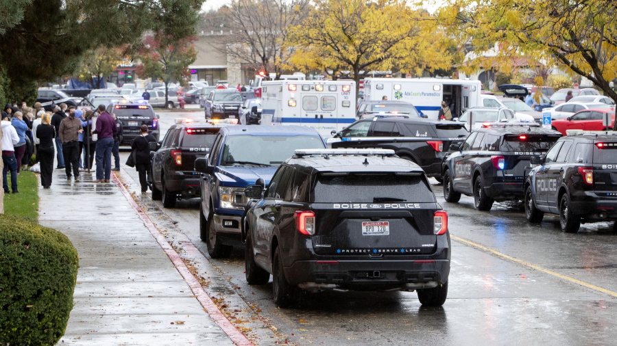 Police and emergency crews respond to a reported shooting at the Boise Towne Square shopping mall Monday, Oct. 25, 2021, in Boise, Idaho.